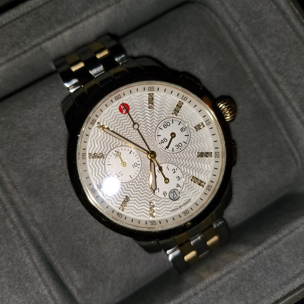 Pre-owned Authentic Michele Watch in Stainless and Gold w/ Diamonds